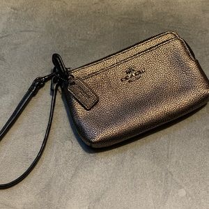 Coach metallic leather double L zip wristlet